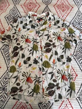 Express White Button-Up Shirt with Green and Rust Floral Print